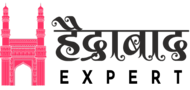 Logo featuring a red Charminar icon with black Hindi text above "Hyderabad Expert" in black English text.