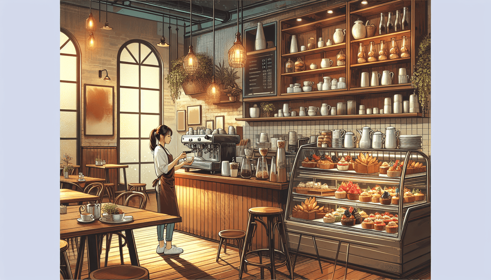 Barista making coffee behind the counter in a cozy café with pastries on display and warm, ambient lighting.