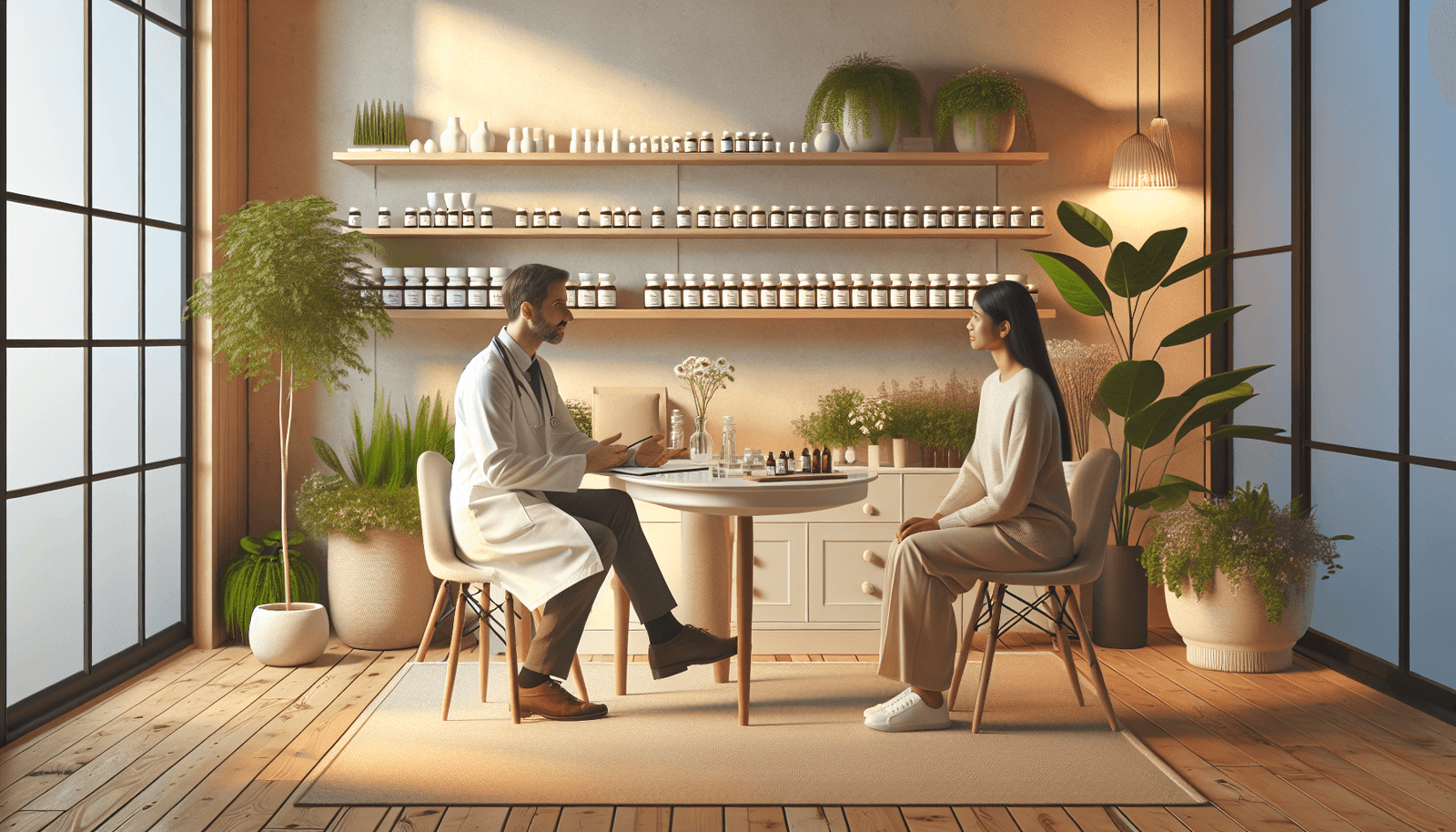 A Caucasian male doctor, dressed in a white coat, is engaged in a thoughtful discussion with a South Asian female patient sitting across from him in a