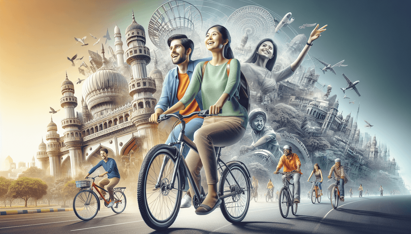 A Caucasian man and an Asian woman happily cycling through the bustling streets of Hyderabad, surrounded by recognizable city landmarks, capturing a l