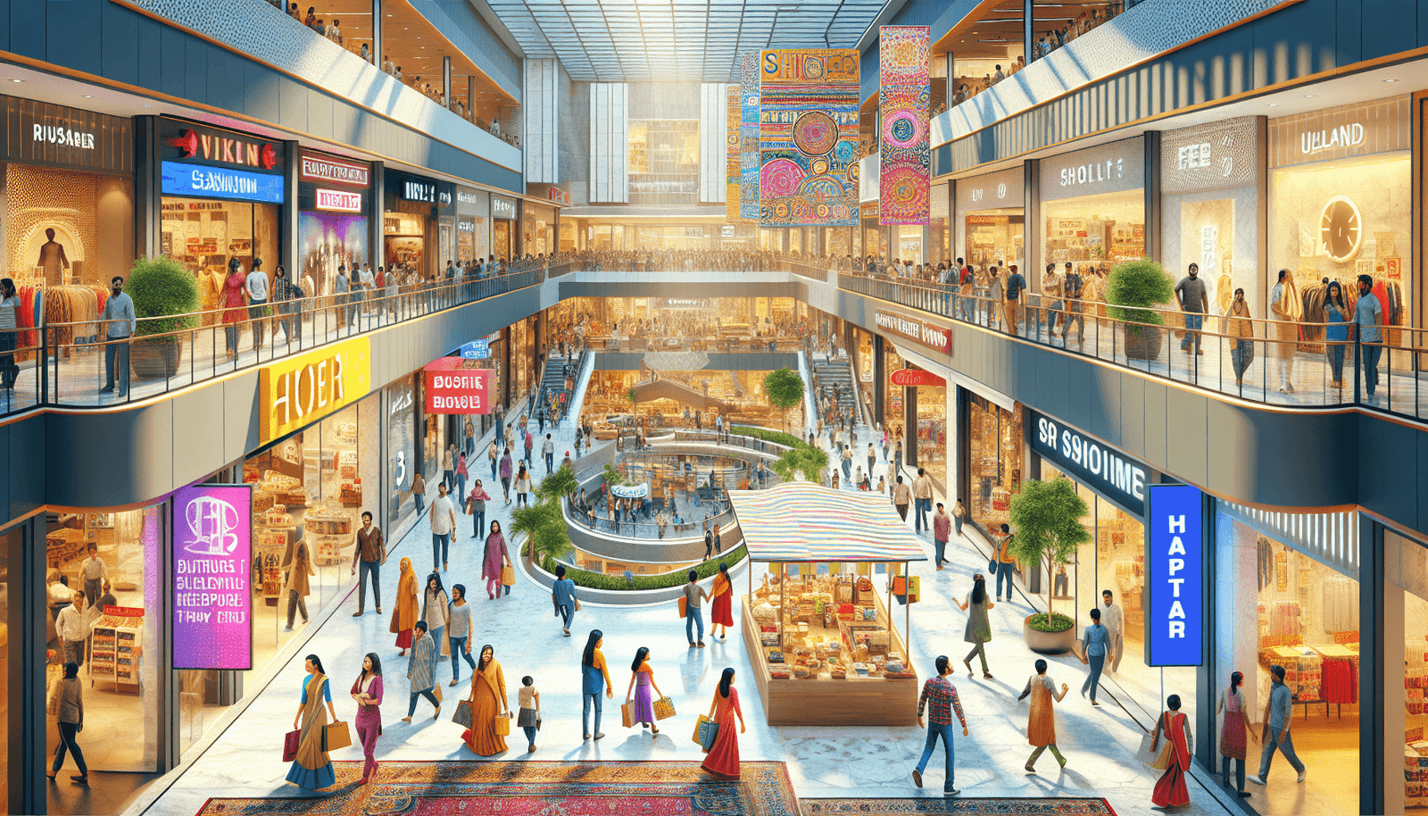 A bustling metropolitan shopping mall in Hyderabad, India, filled with shoppers of South Asian and Caucasian descent enjoying their time. The scene sh