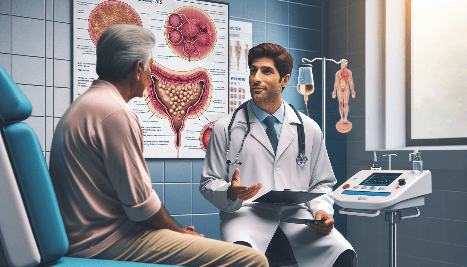 A compassionate Hispanic doctor, dressed in a white coat, is engaged in a thoughtful conversation with a patient in a sterile medical clinic. The doct