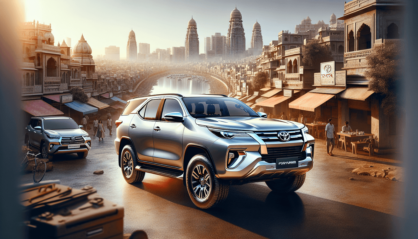 A digital art representation of a Toyota Fortuner car in a vibrant cityscape, symbolizing the robust build and urban capabilities.