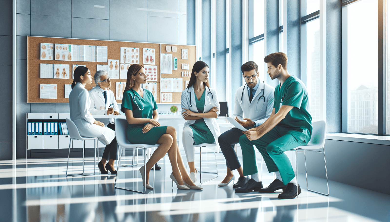 A diverse group of dermatologists engaged in a serious discussion, featuring a Caucasian female and an Asian male dermatologist in green medical unifo