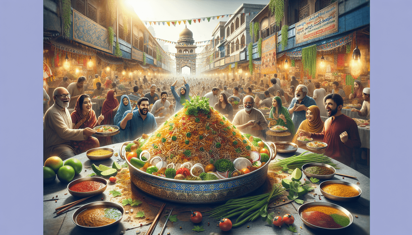 A vibrant serving of traditional Hyderabadi biryani in an ornate dish, garnished with fresh herbs and spices, surrounded by a lively street food scene