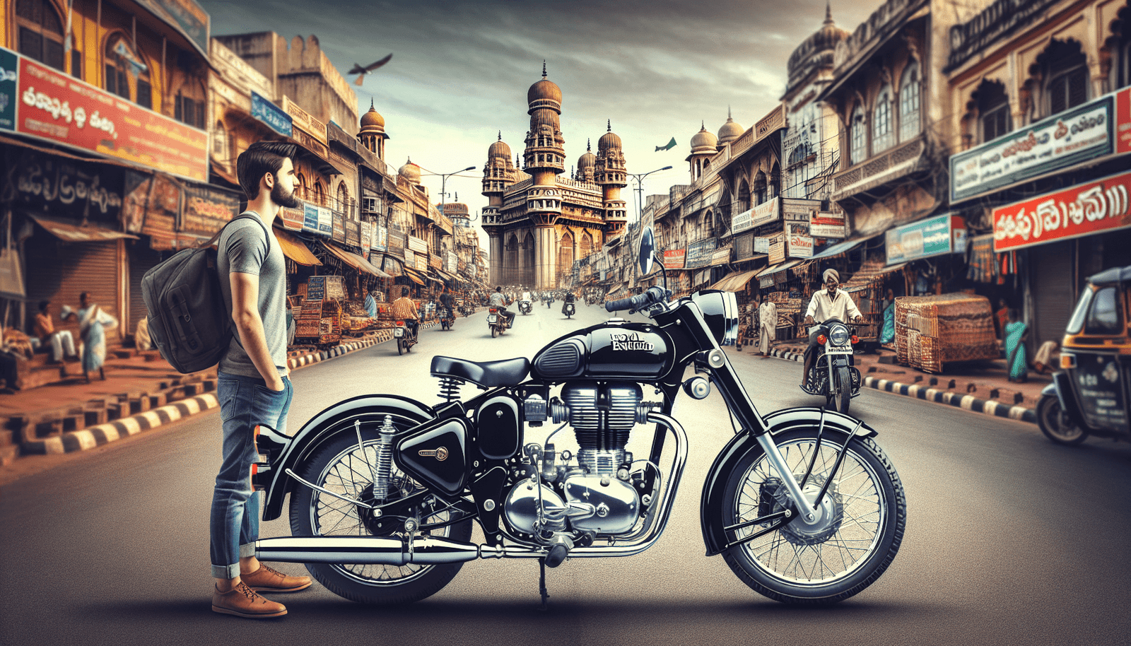 A vintage Royal Enfield Classic 350 motorcycle with chrome details and a teardrop fuel tank parked on a vibrant street in Hyderabad, surrounded by tra